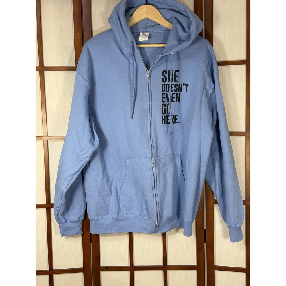 Mean Girls Full Zip Hoodie Size XL Blue "She Doesn't Even Go Here"